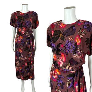 Vintage 90s Silk Dress Womens Small Medium Hibiscus Floral Print Sarong Tropical